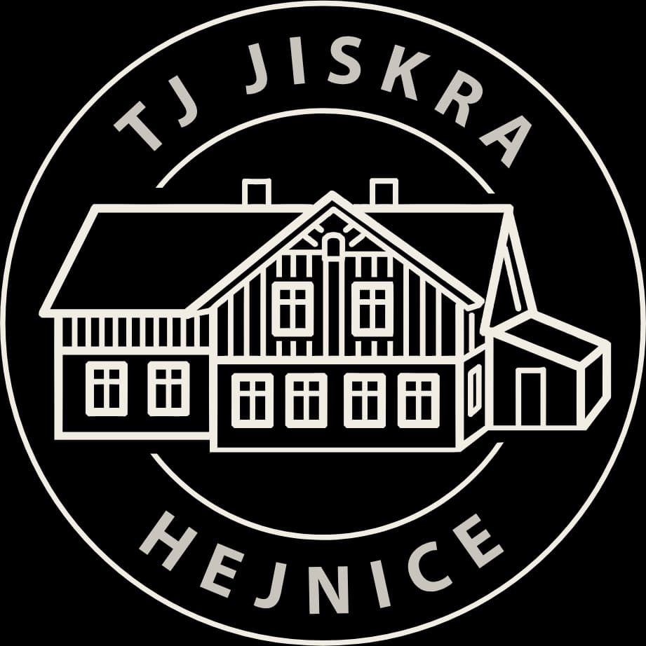 Znak TJ Jiskra Hejnice — kruhová pečeť s perokresbou roubené horské chaty